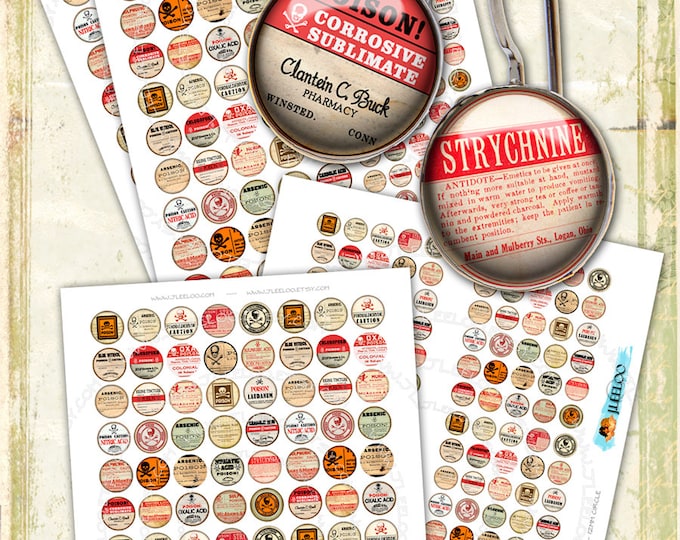 Digital collage sheet POISON 20mm 12mm circle sheets earring ring size apothecary digital images jewelry instant download tn450