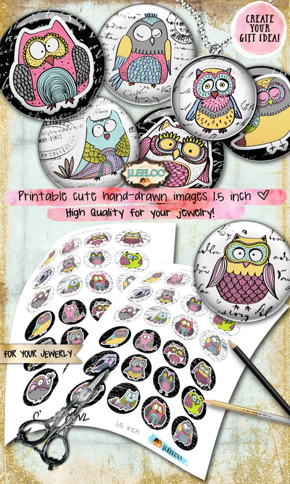 Digital collage OWL 1.5 inch rounds clipart digital images for pendant jewelry magnet hand drawn instant download printable tn509