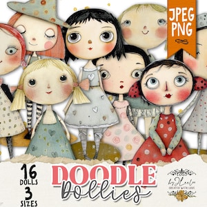 DOODLE DOLLIES - PNG Bambole di carta stampabili Junk Journal Ephemera / Scrapbooking digitale Vintage Clipart Fussy Cut per Cricut / cl196