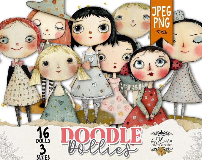 DOODLE DOLLIES - PNG Printable Paper Dolls Junk Journal Ephemera | Digital Scrapbooking Vintage Clipart Fussy Cut for Cricut | cl196