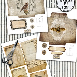 May include: Twelve printable sheets with two pages each, featuring vintage-style illustrations of an owl, bat, and other designs. Three sheets are decorated for inside pages or covers, and six sheets include embellishments such as cards, tags, pockets, and labels. Download and print for crafting projects.