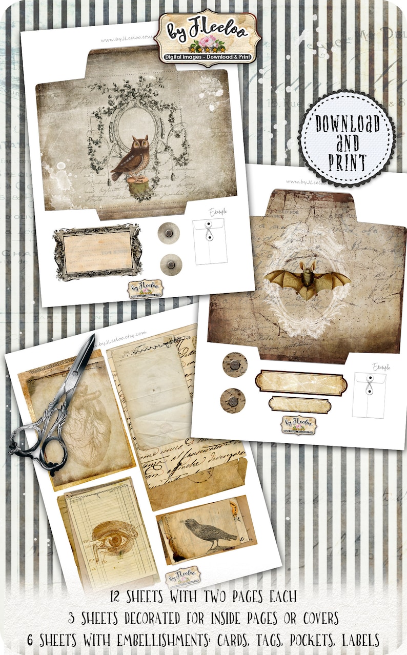 May include: Twelve printable sheets with two pages each, featuring vintage-style illustrations of an owl, bat, and other designs. Three sheets are decorated for inside pages or covers, and six sheets include embellishments such as cards, tags, pockets, and labels. Download and print for crafting projects.