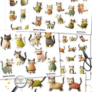 Op de afbeelding: Een verzameling van 51 digitale afbeeldingen van eigenzinnige katjes in verschillende poses en outfits. De katten dragen truien, jurken en vlinderdassen. De afbeelding bevat de tekst "Cute & Lovely" en "Single PNGs & 12 Digital Sheets."