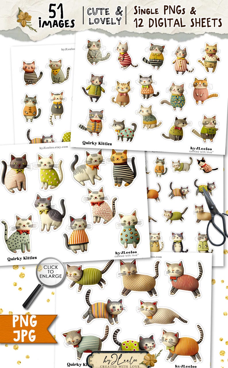 Op de afbeelding: Een verzameling van 51 digitale afbeeldingen van eigenzinnige katjes in verschillende poses en outfits. De katten dragen truien, jurken en vlinderdassen. De afbeelding bevat de tekst "Cute & Lovely" en "Single PNGs & 12 Digital Sheets."