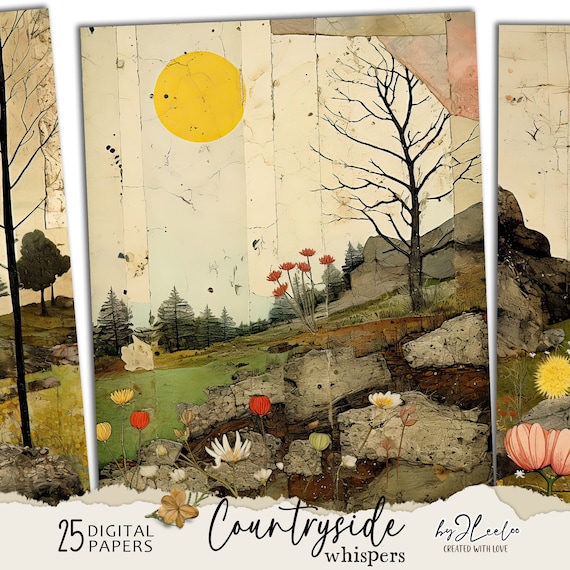 COUNTRYSIDE WHISPERS vintage papers | Landscape Junk Journal pages background Distressed grunge card making collage digital ephemera | pp688
