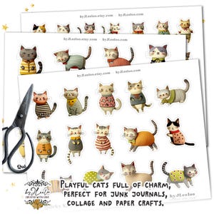 Op de afbeelding: Een vel kattenstickers met verschillende ontwerpen, waaronder katten in truien en jurken. De stickers zijn in verschillende kleuren, waaronder geel, oranje en grijs. De tekst "PLAYFUL CATS FULL OF CHARM" is zichtbaar.