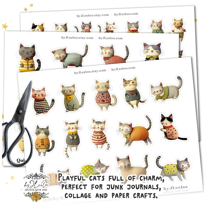 Op de afbeelding: Een vel kattenstickers met verschillende ontwerpen, waaronder katten in truien en jurken. De stickers zijn in verschillende kleuren, waaronder geel, oranje en grijs. De tekst "PLAYFUL CATS FULL OF CHARM" is zichtbaar.