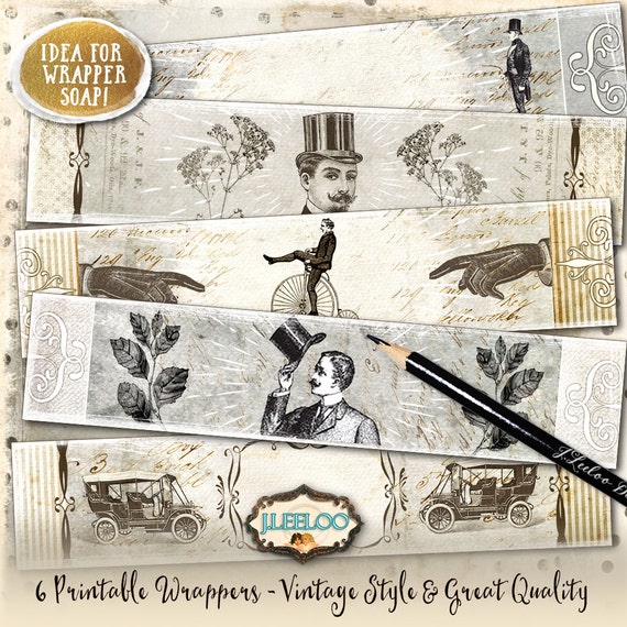 WRAPPER VINTAGE printable vintage soap wrap bookmarks Digital sheet instant download men hat background papers pp371
