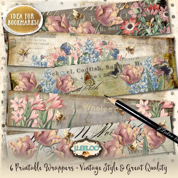 WRAPPER FLOWERS printable vintage bookmarks soap wrap bangle backgrounds Digital sheet instant download Shabby Chic papers pp372