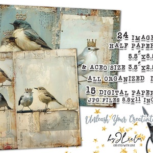 CROWNED BIRDS junk journal printable half pages tag Mixed Media supplies Birds hand-drawn vintage card making collage art diary pp747 image 7
