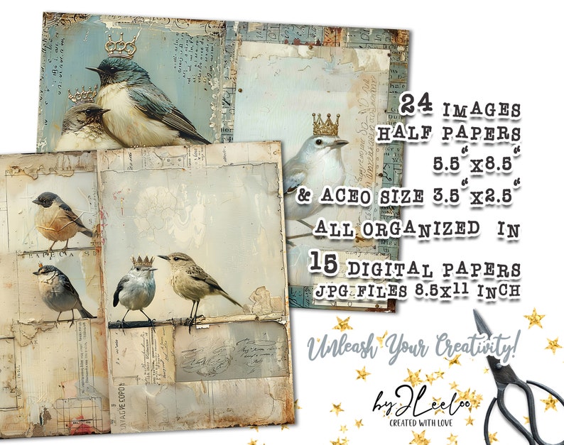 CROWNED BIRDS junk journal printable half pages tag Mixed Media supplies Birds hand-drawn vintage card making collage art diary pp747 image 7