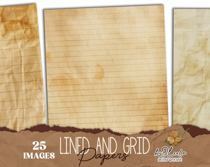 LINED and GRID PAPERS vintage pages | Old distressed card junk journal diary | Stained and ruined natural digital texture background | pp799