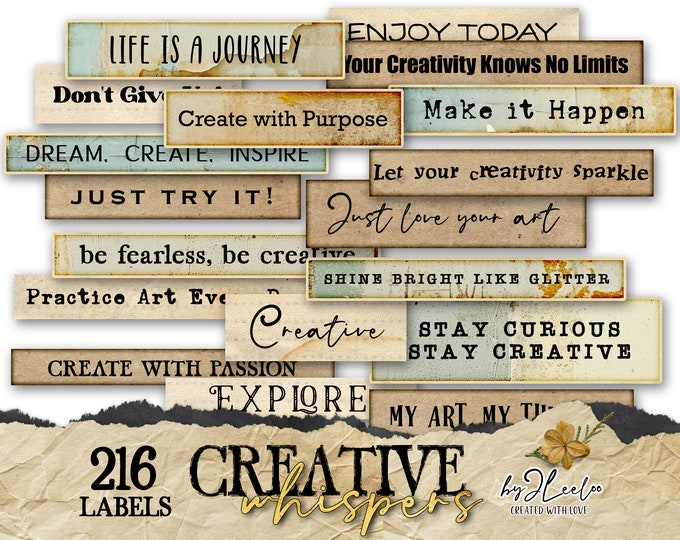 CREATIVE WHISPERS text label printable word | grungy sentence vintage ephemera junk journal | scrapbook diary instant download | tl290