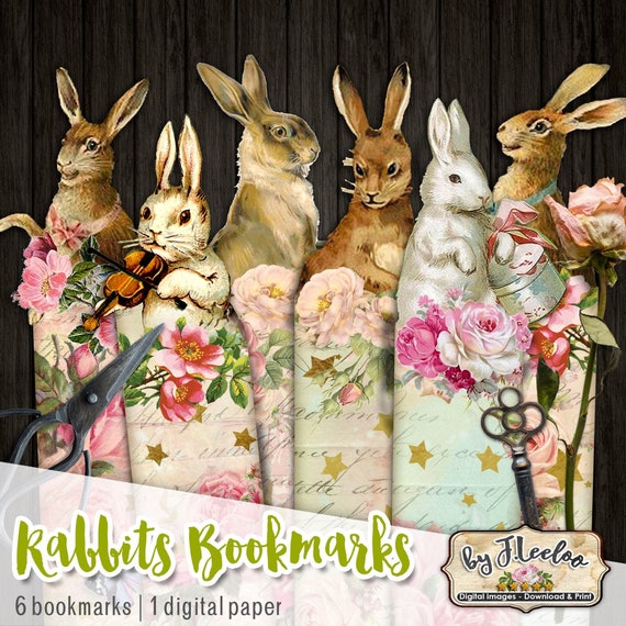 RABBIT BOOKMARK printable bunnies vintage images instant download Digital collage sheet background paper victorian- bm109