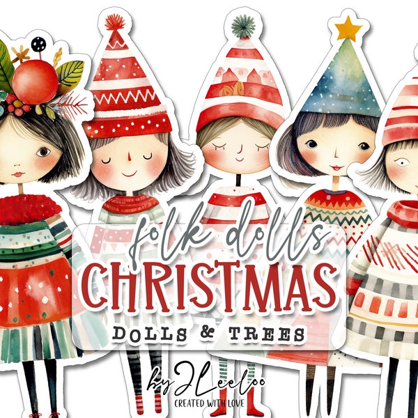 FOLK DOLLS CHRISTMAS printable kit junk journal cut off | Paper Dolls journaling supplies Collage | holidays fussy cut doll digital | pp650
