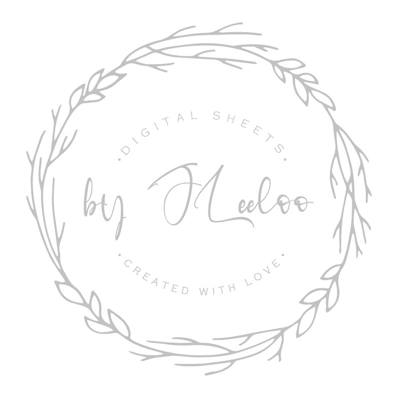 Może przedstawiać: Szary wieniec z ręcznie napisanym logo, kt&oacute;re brzmi "Digital Sheets by Meeloo. Created with Love."