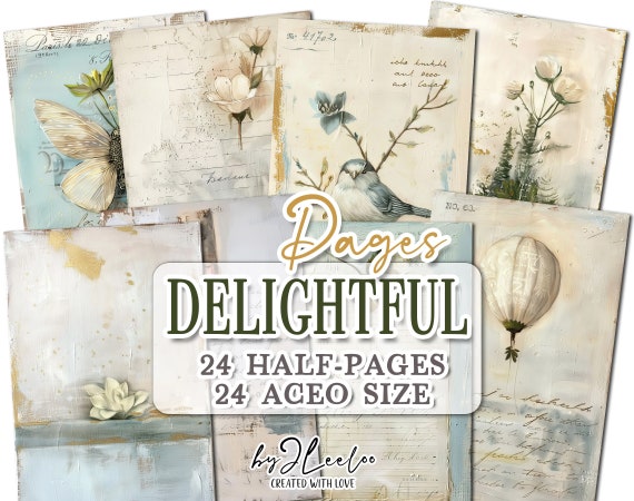 DELIGHTFUL PAGES half pages printable | Aceo Botanical junk journal Mixed Media supplies | Dirty paper card making collage diary CU | pp734