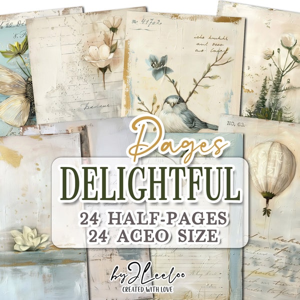 DELIGHTFUL PAGES half pages printable | Aceo Botanical junk journal Mixed Media supplies | Dirty paper card making collage diary CU | pp734