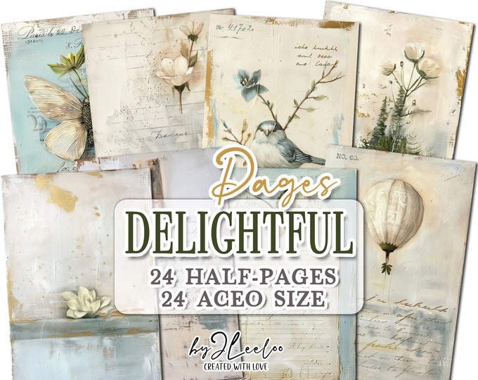 DELIGHTFUL PAGES half pages printable | Aceo Botanical junk journal Mixed Media supplies | Dirty paper card making collage diary CU | pp734