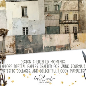 May include: Digital paper pack featuring a collage of vintage Parisian buildings with distressed textures and faded paint. The paper pack is ideal for junk journals, artistic collages, and hobby pursuits.