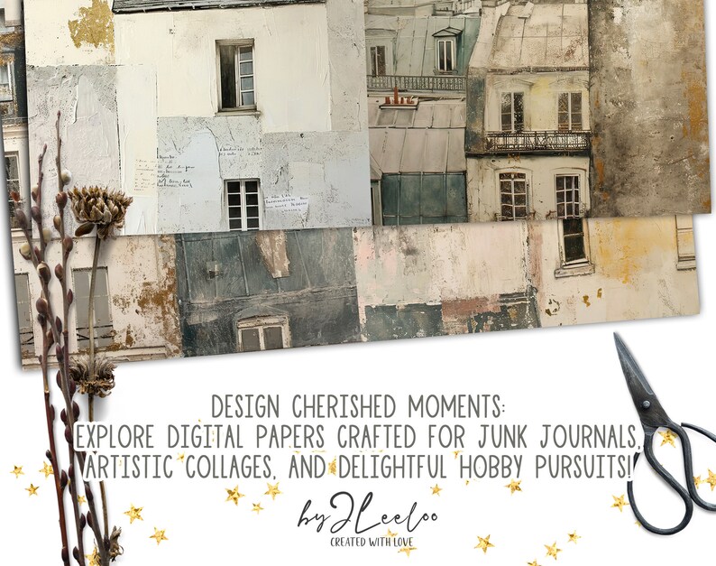 May include: Digital paper pack featuring a collage of vintage Parisian buildings with distressed textures and faded paint. The paper pack is ideal for junk journals, artistic collages, and hobby pursuits.
