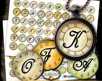ALPHA CLOCK 1 inch circle digital collage sheet for pendant magnet and craft instant download printable clock face graphic tn502