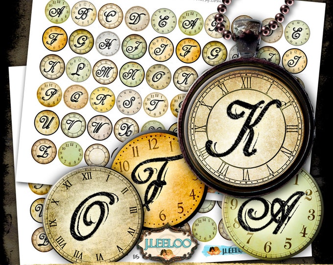 ALPHA CLOCK 1 inch circle digital collage sheet for pendant magnet and craft instant download printable clock face graphic tn502