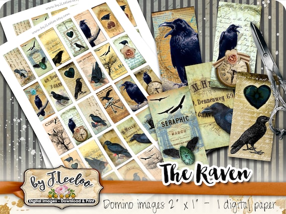 THE RAVEN 2x1 inch dark heart black crow for jewelry Digital collage sheet pendant clipart magnet instant download do132
