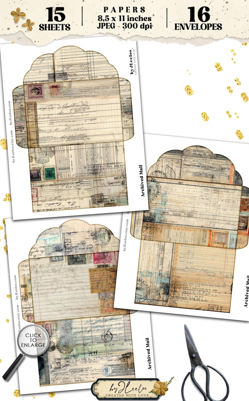 May include: Set of 15 sheets of 8.5 x 11 inch papers and 16 envelopes. The papers and envelopes have a vintage, archival mail theme with aged paper textures, stamps, and handwritten notes. Includes scissors.