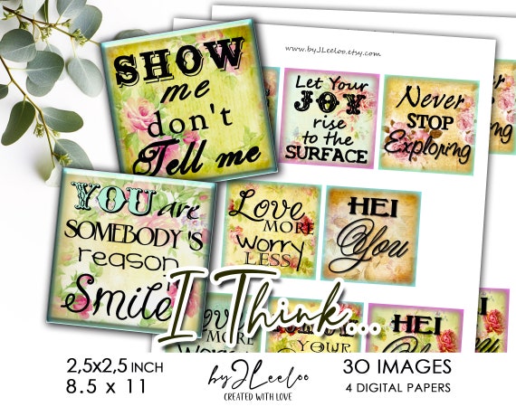 I THINK 2.5x2.5 inch printable | Supplies word pendant, charm images, gift for girlfriend, charm for friend, altered art, journal | qu601