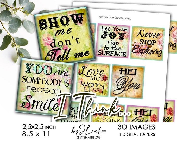 I THINK 2.5x2.5 inch printable | Supplies word pendant, charm images, gift for girlfriend, charm for friend, altered art, journal | qu601
