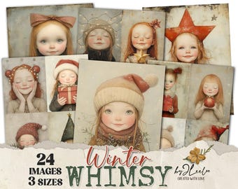 May include: A set of 24 digital images featuring illustrations of children with winter and Christmas themes. The images are in three different sizes and are perfect for crafting and digital scrapbooking.