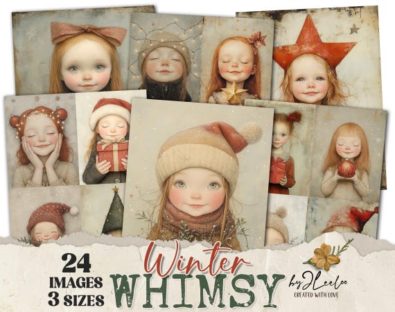 WINTER WHIMSY 24 festive illustrations 3 Sizes | Christmas Journal Page Tag Label | Cute Girl Portrait Scrapbook  | Commercial Use | pp884