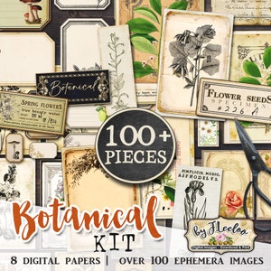 K&ouml;nnte beinhalten: Ein digitales Scrapbooking-Set mit &uuml;ber 100 botanischen Bildern und 8 digitalen Papieren. Das Set enth&auml;lt Bilder von Blumen, Pflanzen und Etiketten. Der Text "Botanical Kit" ist in gro&szlig;en, orangen Buchstaben. Der Text "by Fleeloo" ist in schwarzen Buchstaben. Der Text "100+ Pieces" ist in wei&szlig;en Buchstaben auf schwarzem Hintergrund. Der Text "8 Digital Papers | Over 100 Ephemera Images" ist in wei&szlig;en Buchstaben auf schwarzem Hintergrund.