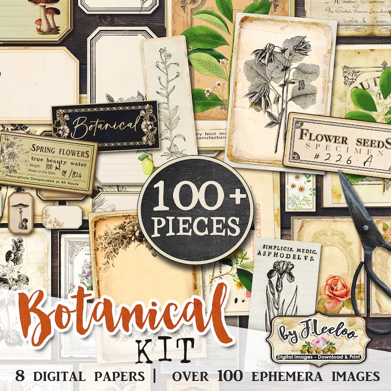 K&ouml;nnte beinhalten: Ein digitales Scrapbooking-Set mit &uuml;ber 100 botanischen Bildern und 8 digitalen Papieren. Das Set enth&auml;lt Bilder von Blumen, Pflanzen und Etiketten. Der Text "Botanical Kit" ist in gro&szlig;en, orangen Buchstaben. Der Text "by Fleeloo" ist in schwarzen Buchstaben. Der Text "100+ Pieces" ist in wei&szlig;en Buchstaben auf schwarzem Hintergrund. Der Text "8 Digital Papers | Over 100 Ephemera Images" ist in wei&szlig;en Buchstaben auf schwarzem Hintergrund.