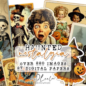 Puede incluir: Un collage digital de im&aacute;genes vintage de Halloween, que incluye esqueletos, ni&ntilde;os con disfraces y calabazas. El texto "HAUNTED nostalgia" est&aacute; escrito en una fuente decorativa, junto con las palabras "OVER 220 IMAGES" y "27 DIGITAL PAPERS".