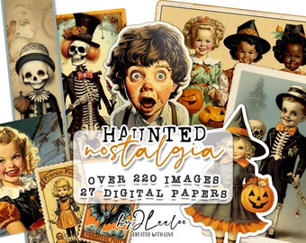 Könnte beinhalten: Eine digitale Collage aus Vintage-Halloween-Bildern, darunter Skelette, Kinder in Kostümen und Kürbisse. Der Text "HAUNTED nostalgia" ist in einer dekorativen Schrift geschrieben, zusammen mit den Worten "OVER 220 IMAGES" und "27 DIGITAL PAPERS".