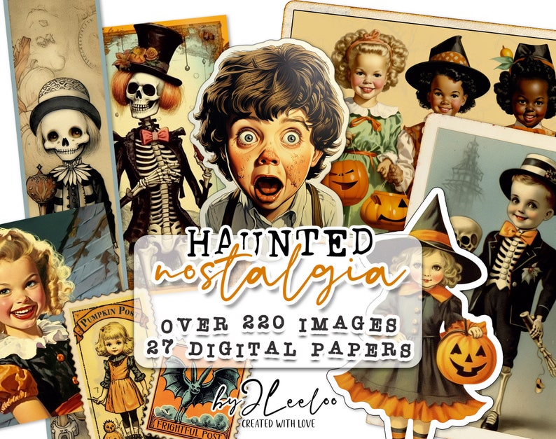 Puede incluir: Un collage digital de im&aacute;genes vintage de Halloween, que incluye esqueletos, ni&ntilde;os con disfraces y calabazas. El texto "HAUNTED nostalgia" est&aacute; escrito en una fuente decorativa, junto con las palabras "OVER 220 IMAGES" y "27 DIGITAL PAPERS".