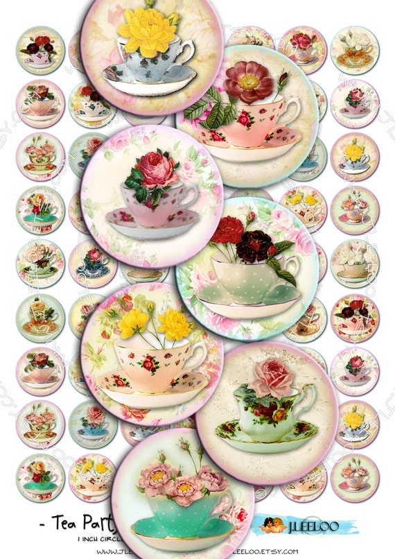 Digital collage sheet TEA PARTY 1 inch circle drink tea cup rose romantic flowers pendant magnet craft instant download printable tn163