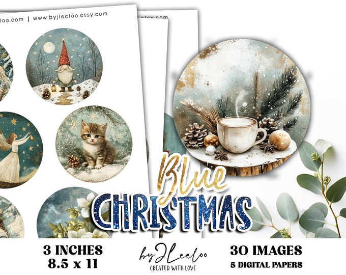 BLUE CHRISTMAS 3 inch printable Tags DIY Gift Labels Bottle Caps Stickers | Collage sheet | Cupcake Toppers Christmas Decorations | tn834