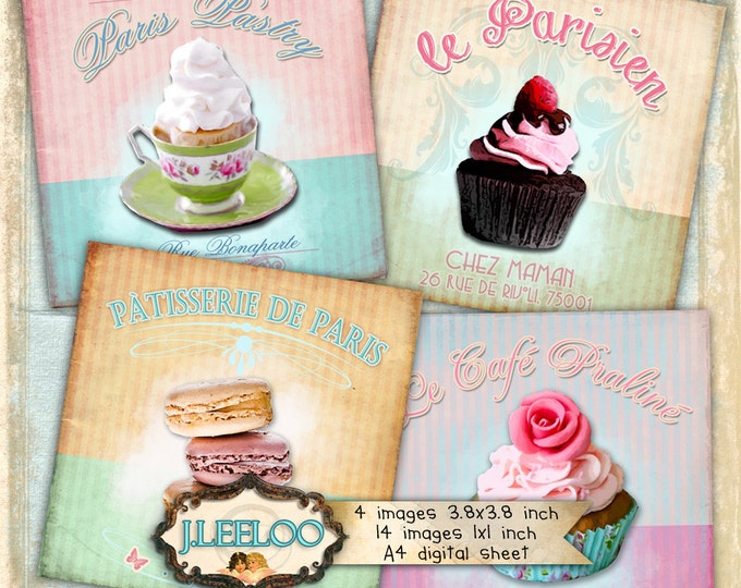Digital collage sheet PARIS PASTRY macarons digital graphic coaster card making scrapbook diary instant download paper goods pp264