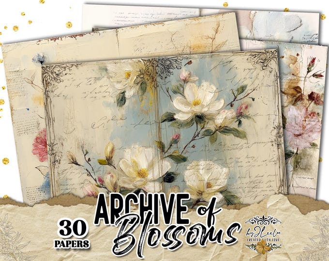 ARCHIVE OF BLOSSOMS – Vintage Botanical Half Pages, Floral Junk Journal Papers, Soft Blue & Cream Archive Backgrounds | Printable | ppK46