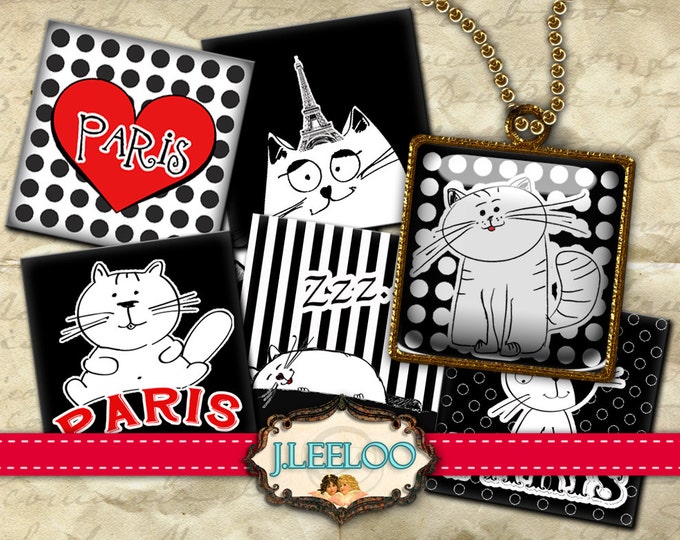Digital collage sheet CATS IN PARIS 1 inch square hang tags hand drawn images pendant magnet instant download printable image qu367