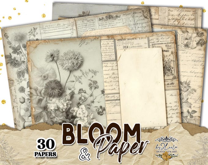 BLOOM & PAPER Botanical Double Pages for Junk Journal Vintage Floral Backgrounds Printable | ppK39