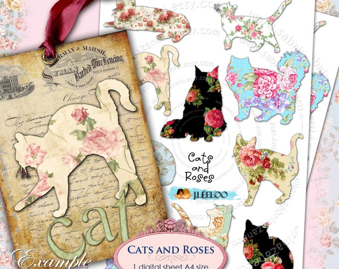 CATS AND ROSES png file digital collage sheet large digital papers texture for scrapbooking jpg art instant download printable pp119