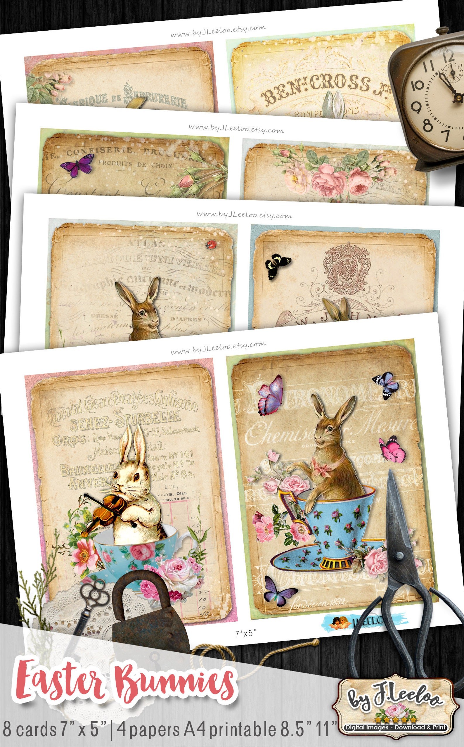 EASTER BUNNIES Printable Rabbit Postcards 5x7 Inch Digital Sheet ...