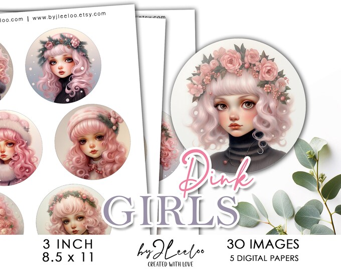 PINK GIRLS 3 inch printable cute illustrations | supplies round pendants, bezel trays, glass cabochon mountings, cameo settings | tn690