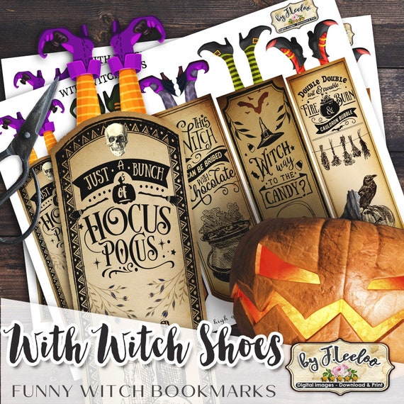 WITCH SHOES BOOKMARKS printable funny scary halloween party instant download mixed media journal art quote - bm112