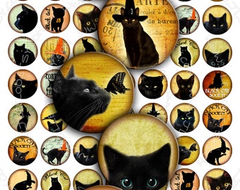 BLACK CATS Digital Collage Sheet 1 inch size circle images for pendants bottlecaps bezel settings paper craft download printable tn191