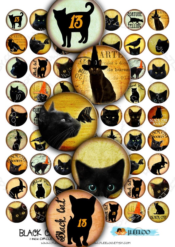 BLACK CATS Digital Collage Sheet 1 inch size circle images for pendants bottlecaps bezel settings paper craft download printable tn191